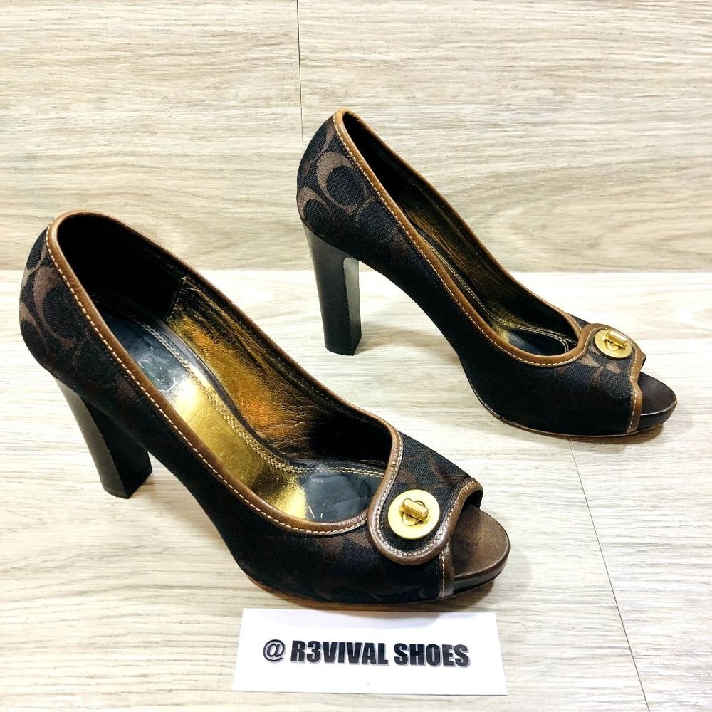 Coach Women's Brown Signature Logo Peep-Toe Heels